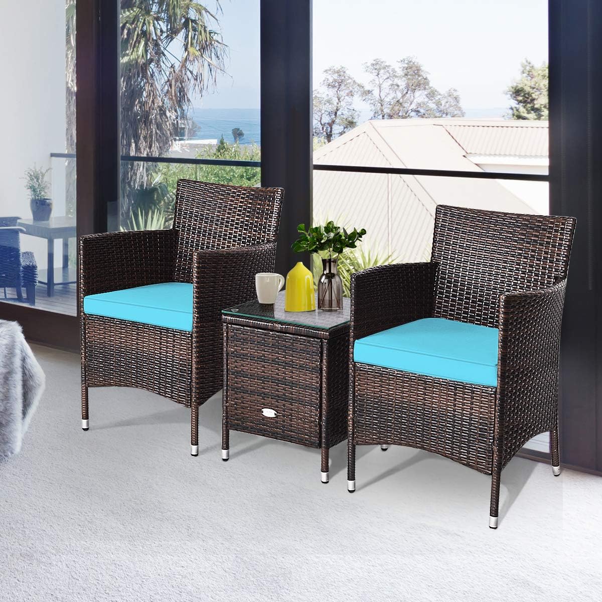 3 Pieces Patio Conversation Set, Outdoor Wicker Furniture Set with Water-Resistant Cushion & Tempered Glass Tabletop, Patio Porch Furniture Set Bistro Set for Balcony, Poolside (Turquoise)