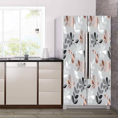 Miniatura 3 de Juego de envoltorios de vinilo autoadhesivos para refrigerador, hojas abstractas doradas y negras estilizan el embalaje floral, mural extraíble para