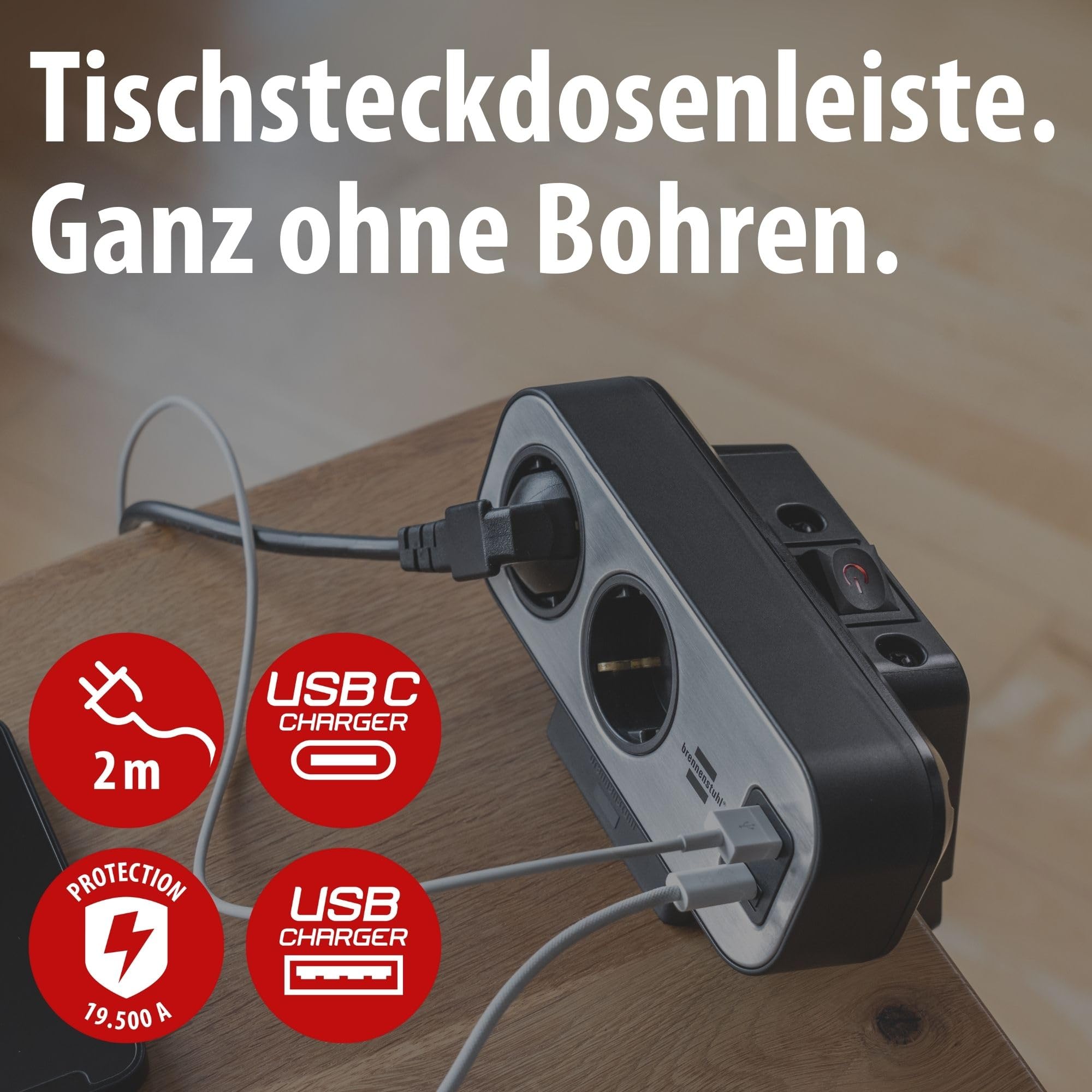 brennenstuhl®Estilo Duplex Tischsteckdosenleiste mit Überspannungsschutz | Mit Schalter, USB C Power Delivery, 1x USB C und 1x USB A, 9x Schutzkontakt-Steckdosen, 2m, silber/schwarz