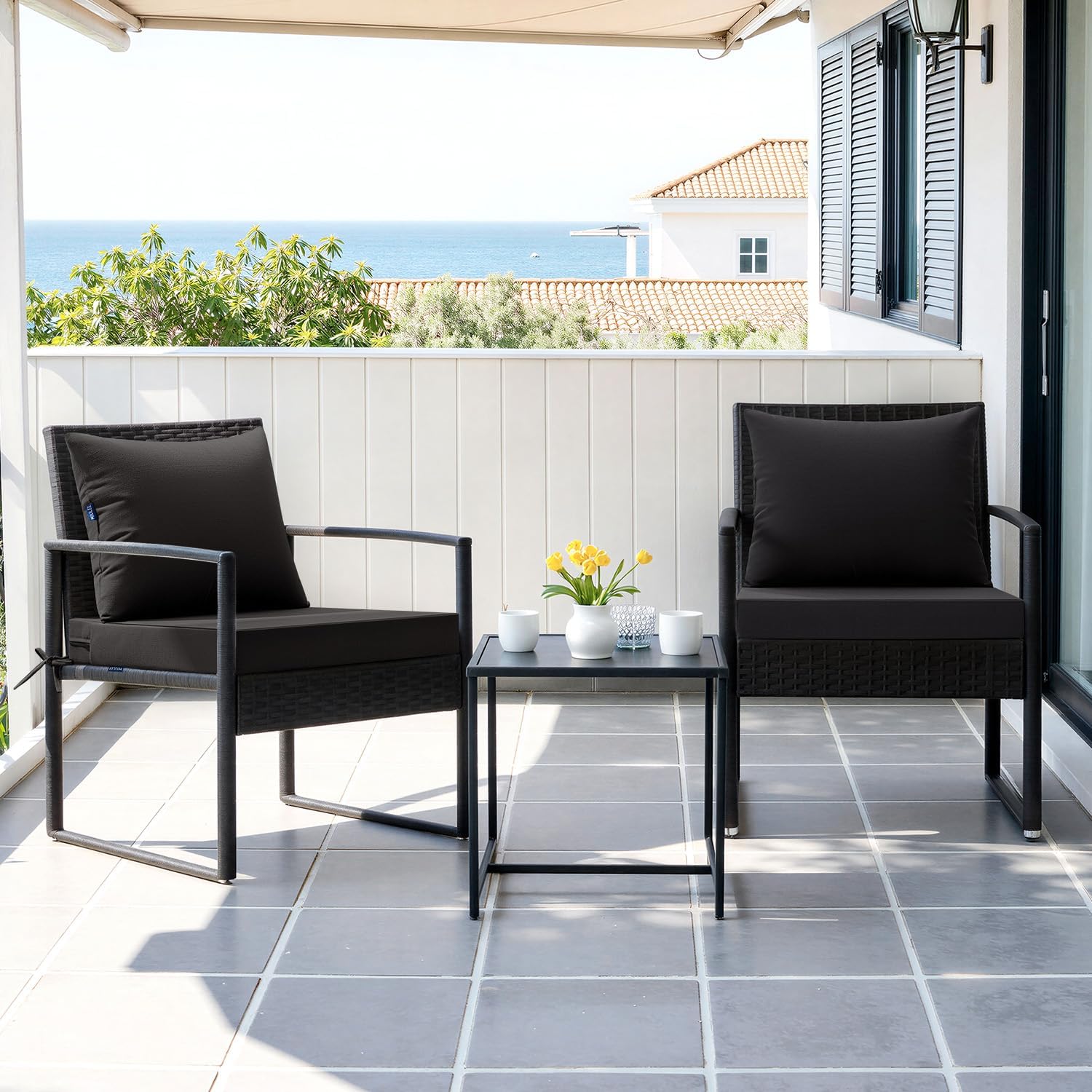 MIULEE Black Outdoor Chair Cushion 24x24 Inch for Patio Furniture Linen Textured Waterproof & 3 Year Color Fastness Seat and Back Couch Cushion with Ties No Slip Design