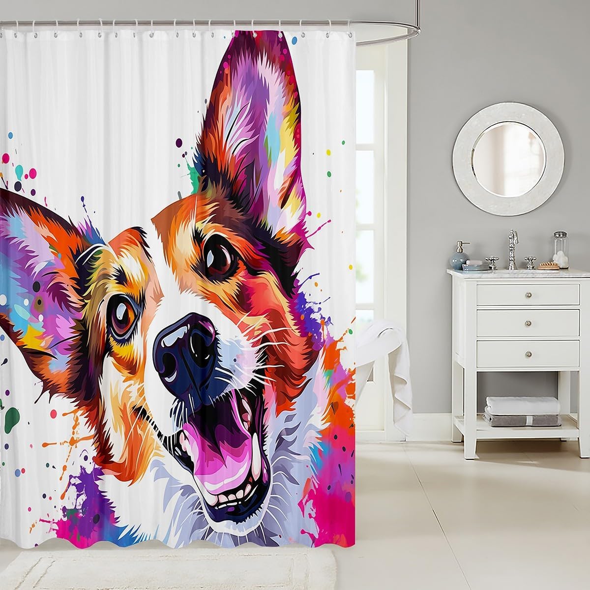 Kids Cute Corgi Waterproof Bathroom Curtain Kawaii Dog Pet Shower Curtain 72x78,Rainbow Graffiti Splatters Bath Curtain Cartoon Pug Watercolor Waterproof Fabric Animal Theme Waterproof Cloth