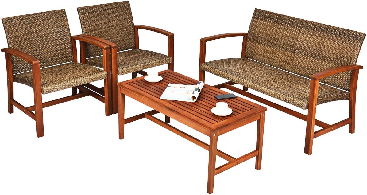 Tangkula 4 PCS Patio Acacia Wood Rattan Conversation Set
