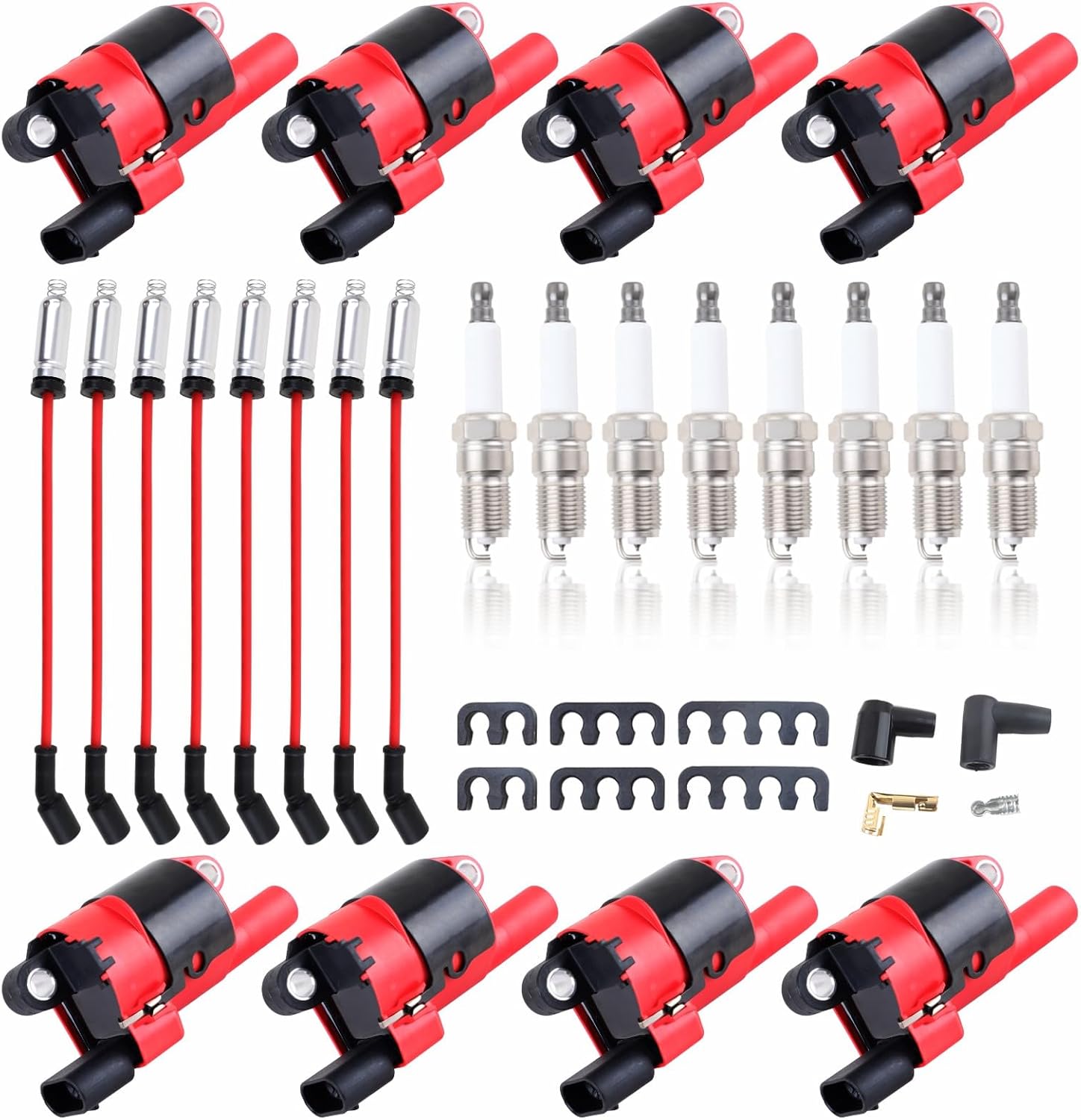 8PCS UF414 Round Ignition Coils Pack & Iridium Spark Plugs & Spark Plug Wires Set Compatible with Chevrolet Corvette Avalanche Silverado 1500 2500 3500 GMC Savana (UF414 red+748UU+41-962)