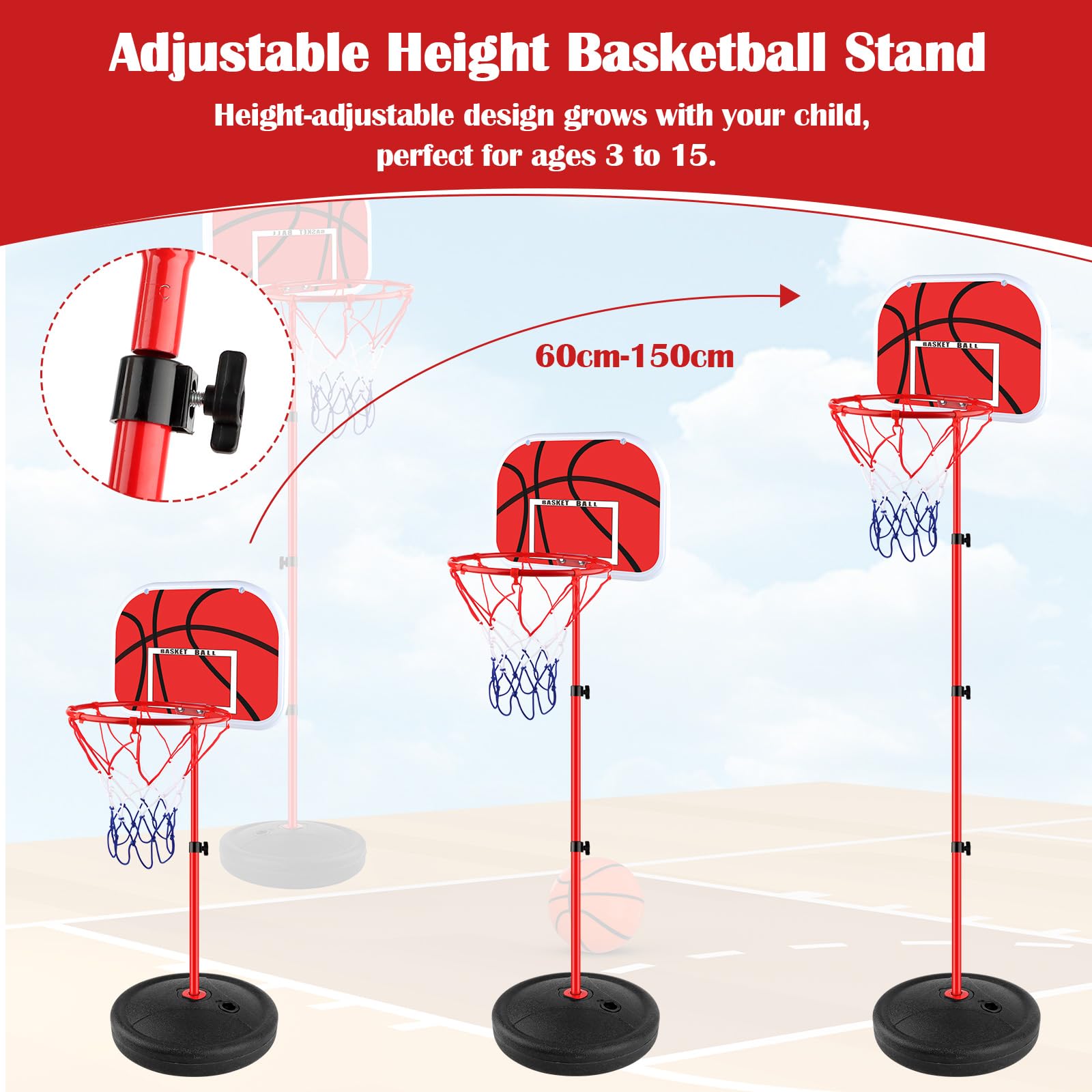 Canasta Baloncesto Infantil, Aro de Basket para Niños con Base, Canasta Baloncesto Exterior Altura Regulable 60 a 150cm, Kit de Canasta Infantil Incluye 2 Pelotas y Bomba, Regalo Deportivo