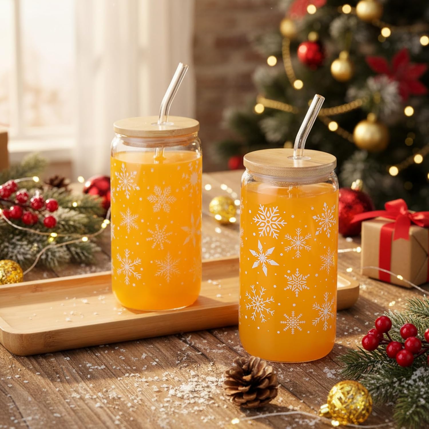 Sliner 2 Pcs Snowflake Glass Cups Christmas Winter Tumbler with Lid Straw Drinking Glasses 16 oz Iced Coffee Cup with Cleaning Brush Beer Can Tumbler Cute Holiday Gifts for Home Office Decorations - Image 2