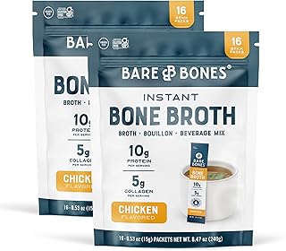 Bare Bones Bone Broth Instant Powdered Beverage Mix, Chicken, Pack of 32, 15g Sticks, 10g Protein, Keto & Paleo Friendly