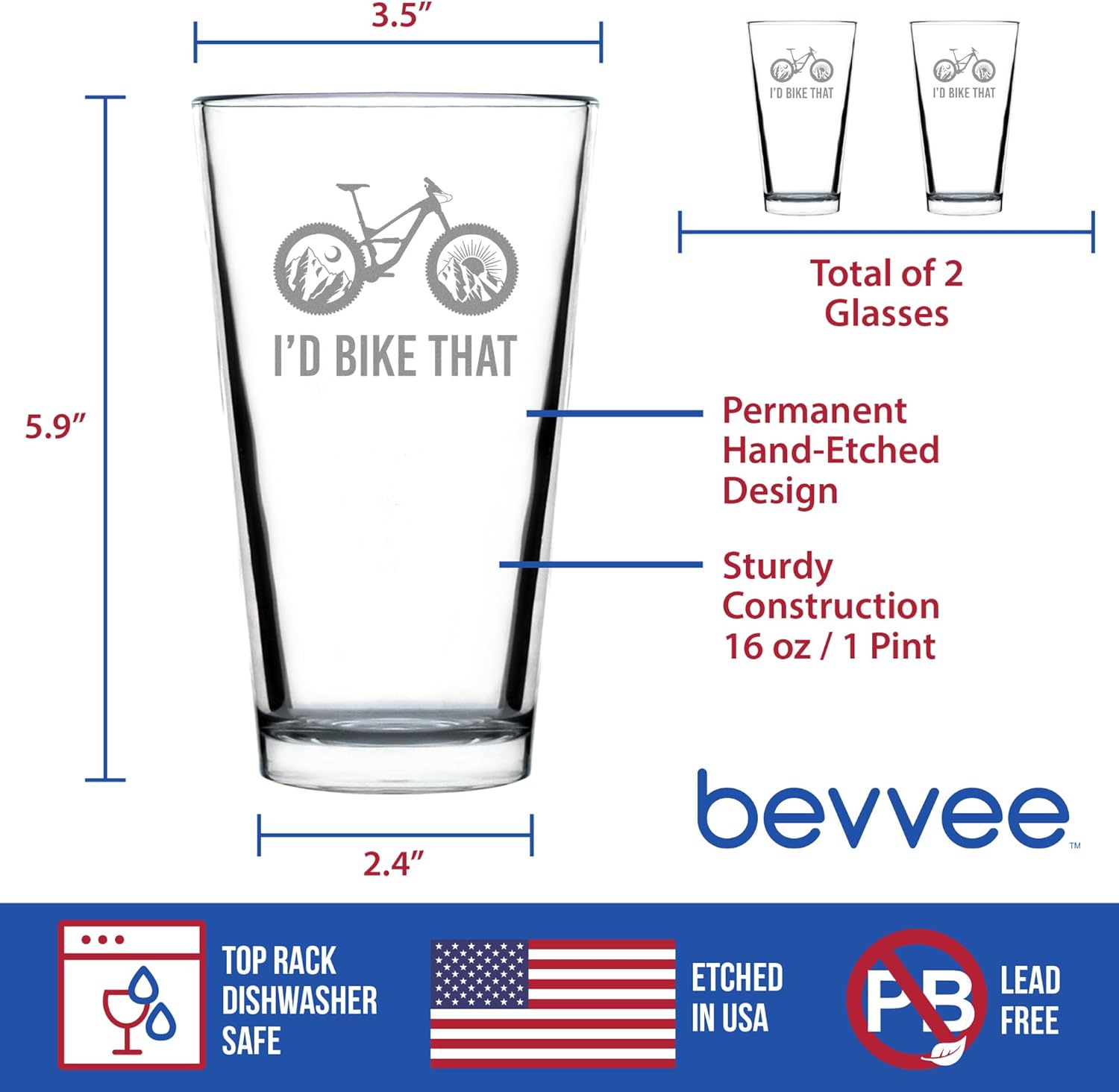 Bevvee I'd Bike That - Pint Glass for Beer - Cool Bicycle Themed Decor and Gifts for Mountain Bikers - Set of 2-16 oz Glasses