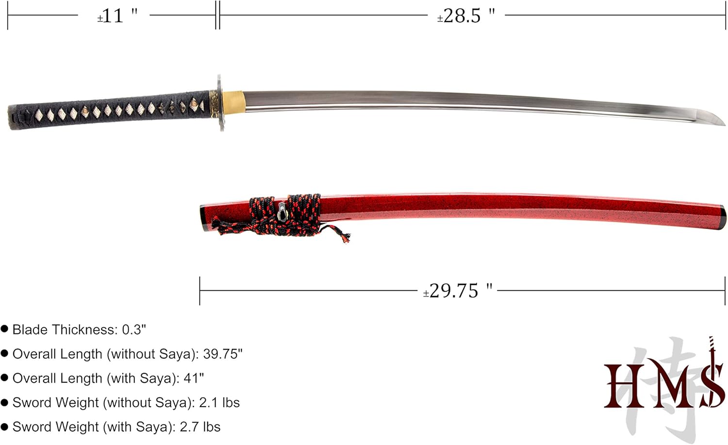 HMS Japanese Samurai Katana Sword, Warrior Riding Horse Tsuba, 1045 Carbon Steel, Hand Forged Clay Tempered, Full Tang, Sharp, Red Scabbard with Black Dots, Certificate