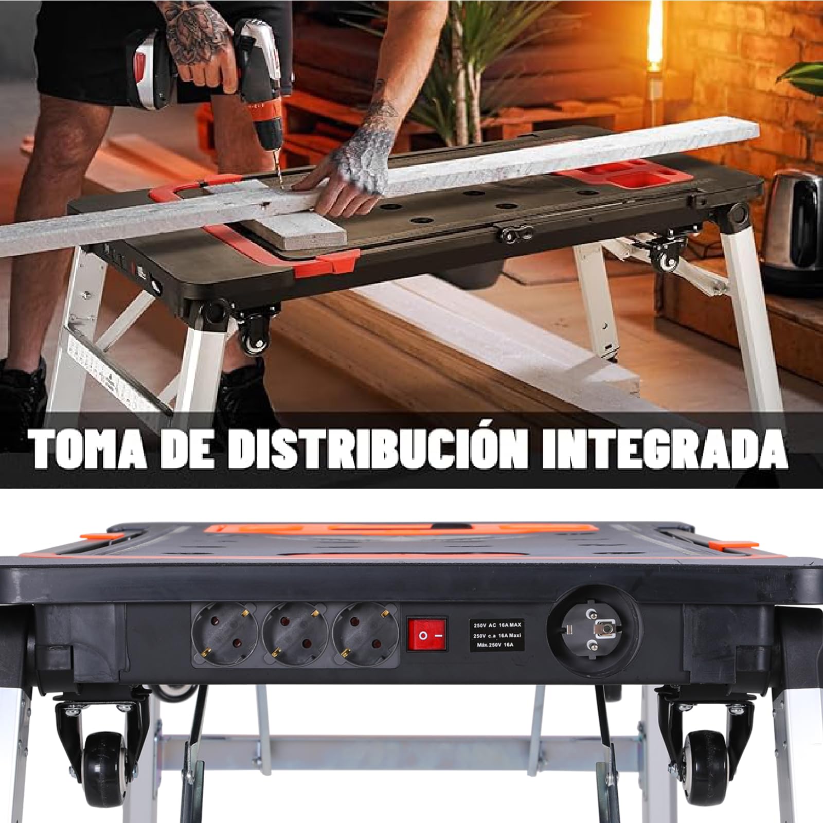 LIFERUN 7en1 Banco de Trabajo Plegable con Enchufe Integrado,Mesa de Trabajo Altura Ajustable,Carro Transporte,Plataforma de Trabajo Portátil,4 pcs Ruedas,Banco de Carpintero,Mesa Tensora,para DIY | Mesa de Trabajo Altura Ajustable, con Enchufe Integrado,