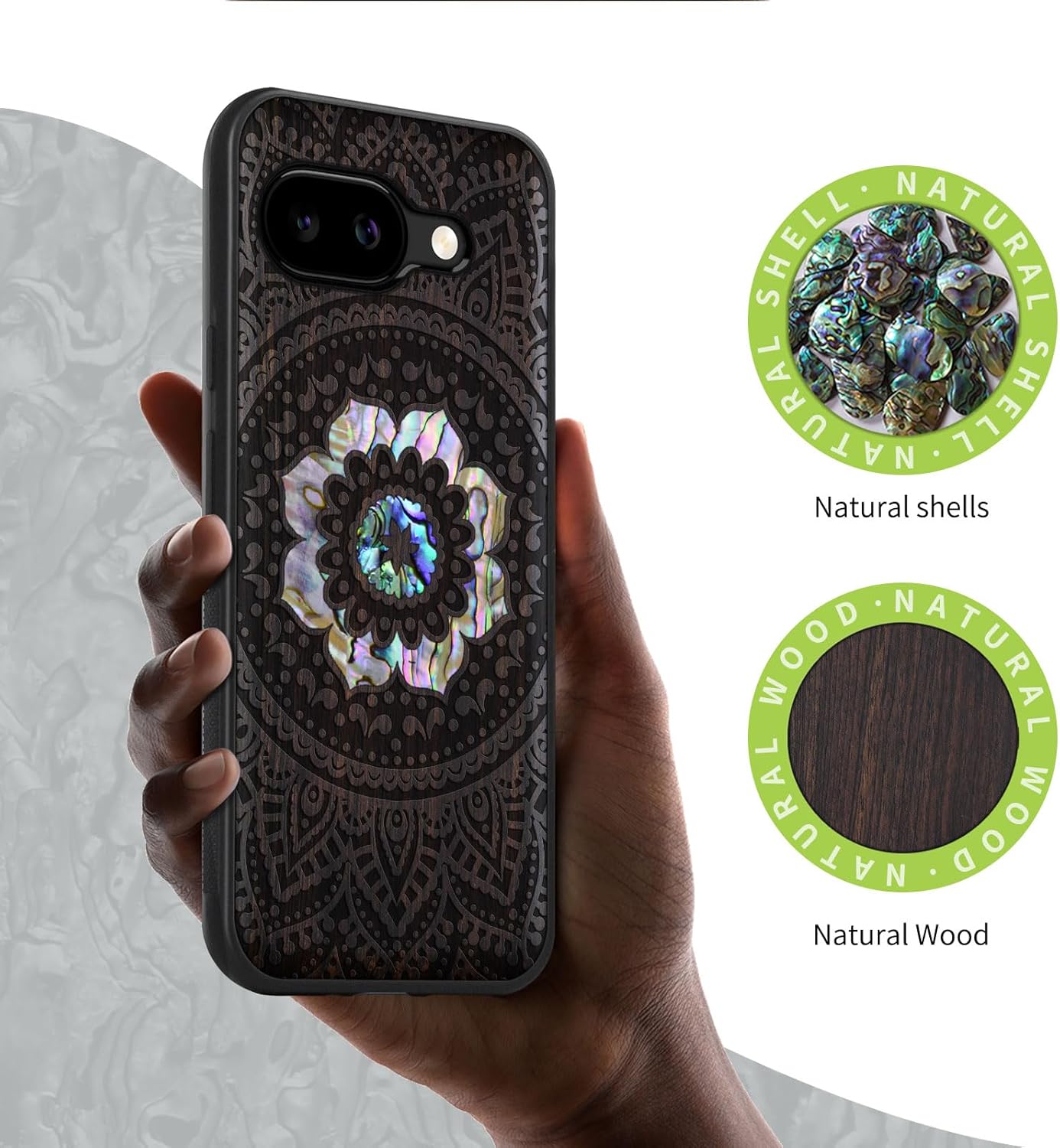 Carveit Magnetic Wooden Case for Google Pixel 9a Case, Wood Artisan Engraved & Handmade Shell Inlaid, Compatible with MagSafe Wireless Chargers (Mandala Pattern) Blackwood