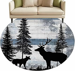 Roung Area Rug Fluffy Carpet,7ft Elk Tree Jungle Black Silhouette Soft Shaggy Circle Rugs Non-Slip Accent Floor Mat for Living Room Bedroom Nursery Office Decor,Farm Retro Wood Board