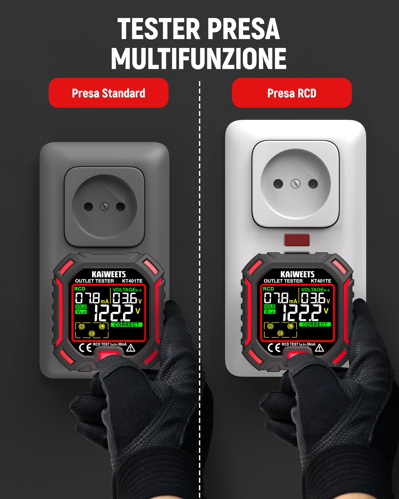 KAIWEETS Tester per prese con test RCD e display LCD della tensione, indicatore di tensione, 7 test di cablaggio, misurazione della tensione di dispersione, tester per prese 200-250 V, CAT II 300 V