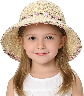 Moonlove Little Girls Straw Sun Hat with Embroidered Flowers Cute Toddler Floral Travel Beach Bucket Hat Breathable Sun Protection Summer Cap Garden Party Fisherman Sunhat for Kids Aged 3-6