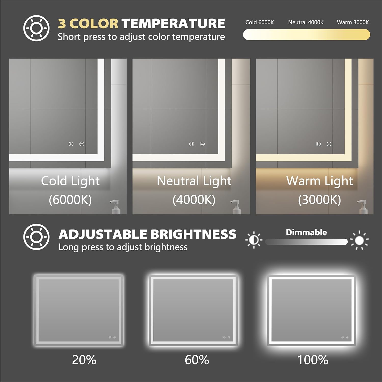 40"x32" LED Mirror with 3 Color Light, Rectangular Dimmable & Anti-Fog, Aluminum Frame Copper Free Decorative Mirror for Bathroom, Entryway Makeup, Vanity, Vertically Wall Mounted