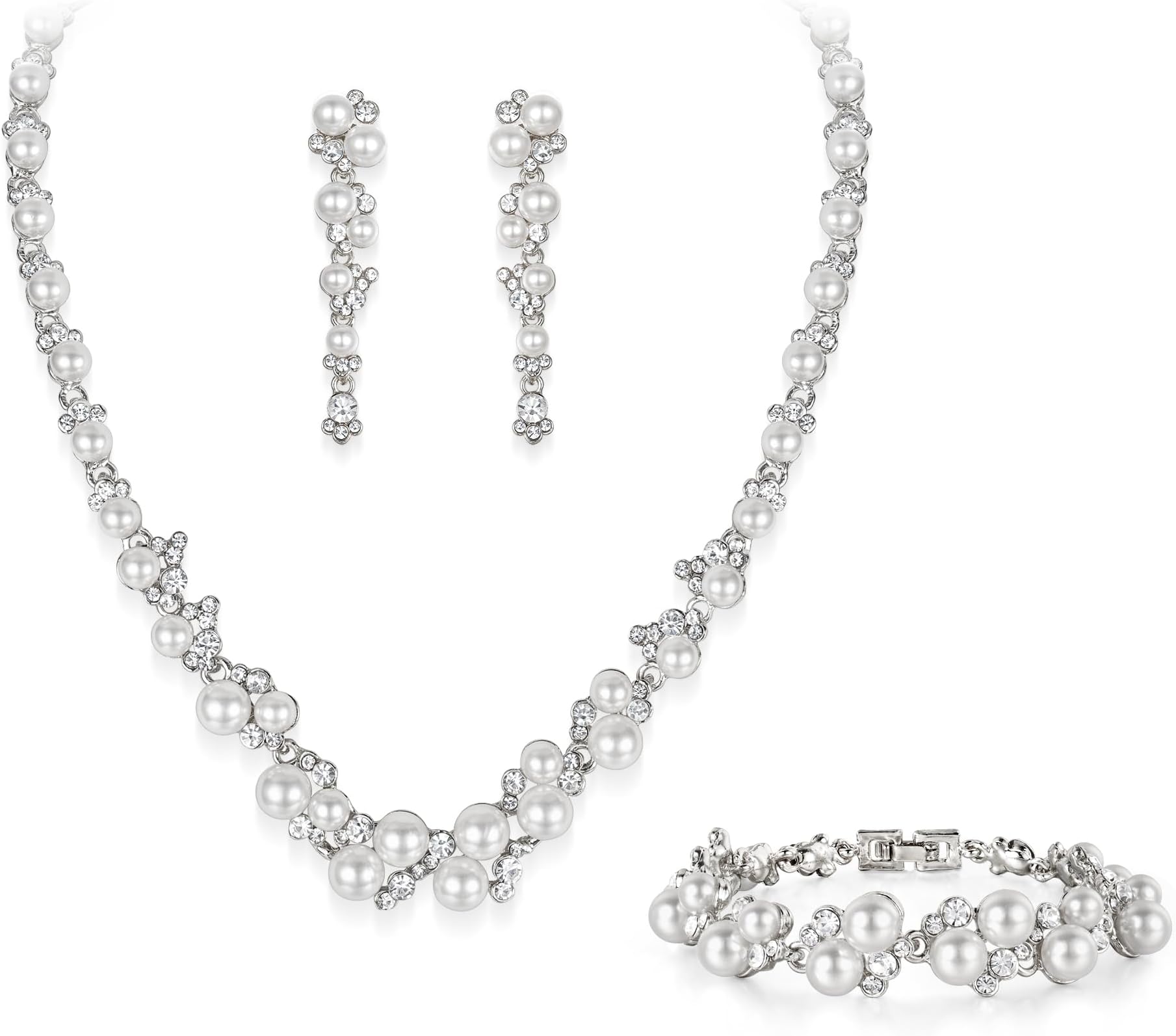 Simulated Pearl Crystal Bridal Necklace Earrings Bracelet Set Clear