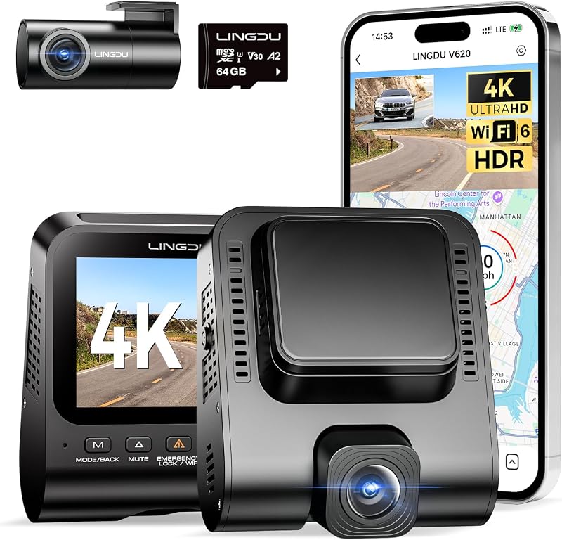 LINGDU V620 Autós Menetrögzítő Kamera 4K Elöl 1080P Hátul, 2.4" IPS WiFi Dash Cam 64GB SD Kártyával, Éjjellátó GPS 170° Széles