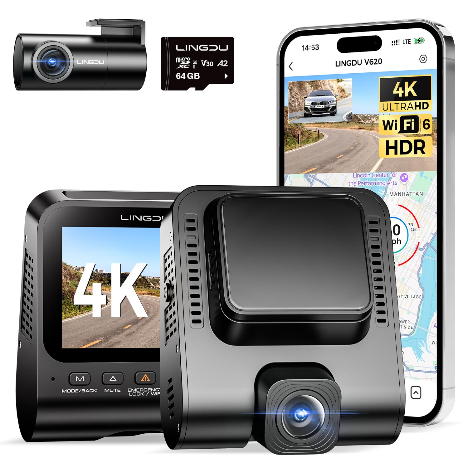 V620 Dashcam Cámara Coche 4K+1080P,Doble WiFi GPS Dash CAM Coche con Tarjeta SD de 64GB,2.4" IPS Camara Coche Grabadora,ADAS,170° Gran Angular,Visión Nocturn,WDR,Sensor G,Grabación en Bucle
