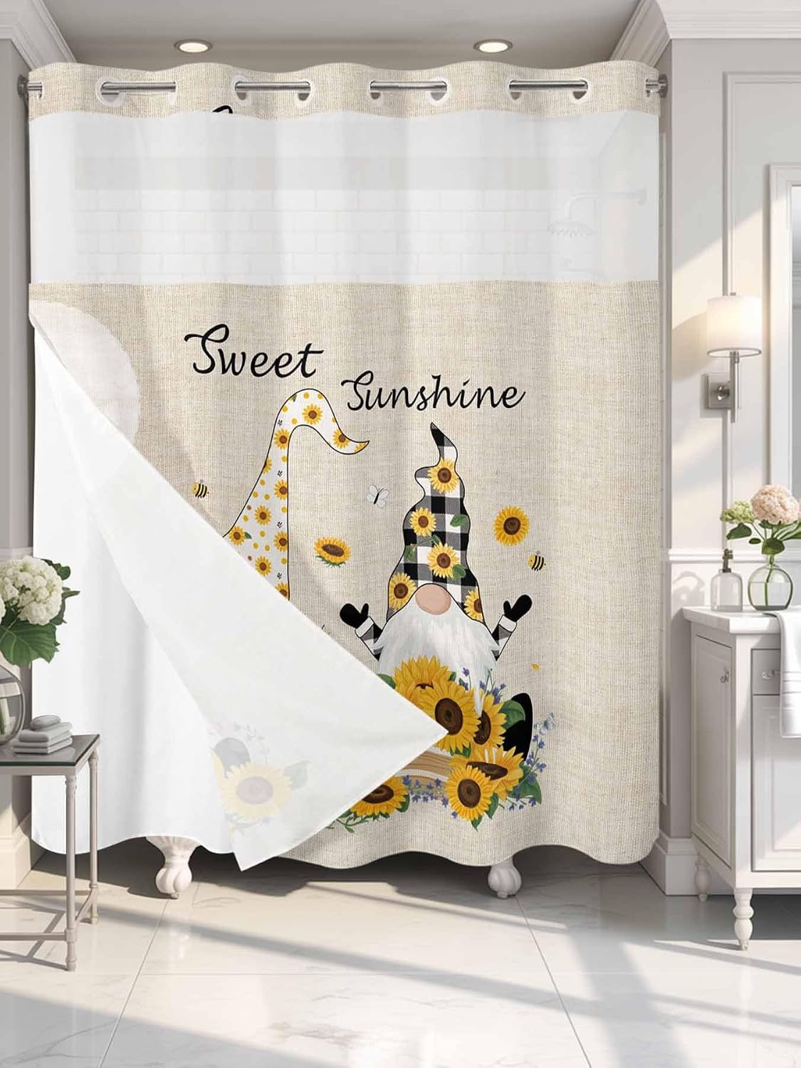 Sunflower Gnome No Hook Shower Curtain with Snap in Liner Sweet Sunshine Yellow Flower Farm Plant Retro Shower Curtain for Bathroom, Fabric Waterproof Inner Liner with Mesh Top Window, 72x72