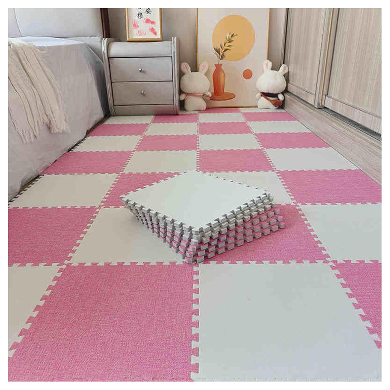 16 sztuk 12x12-calowych, różowo-białych, bawełniano-lnianych, blokowanych kwadratów dywanowych, miękkie płytki piankowe, mata puzzle do salonu, trwałe maty antypoślizgowe