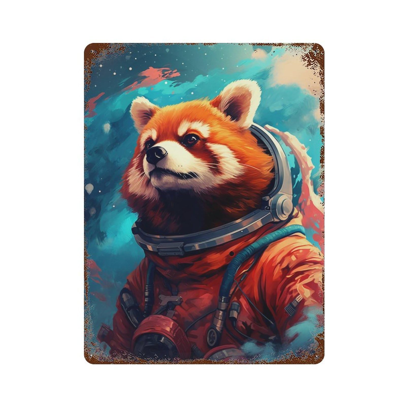 Rust Effect Red Panda Astronaut Space Suit Vintage Rust Metal Sign 15.7"x11.8", Decorative Metal Wall Art for Shed, Workshop And Garage Wall Decor