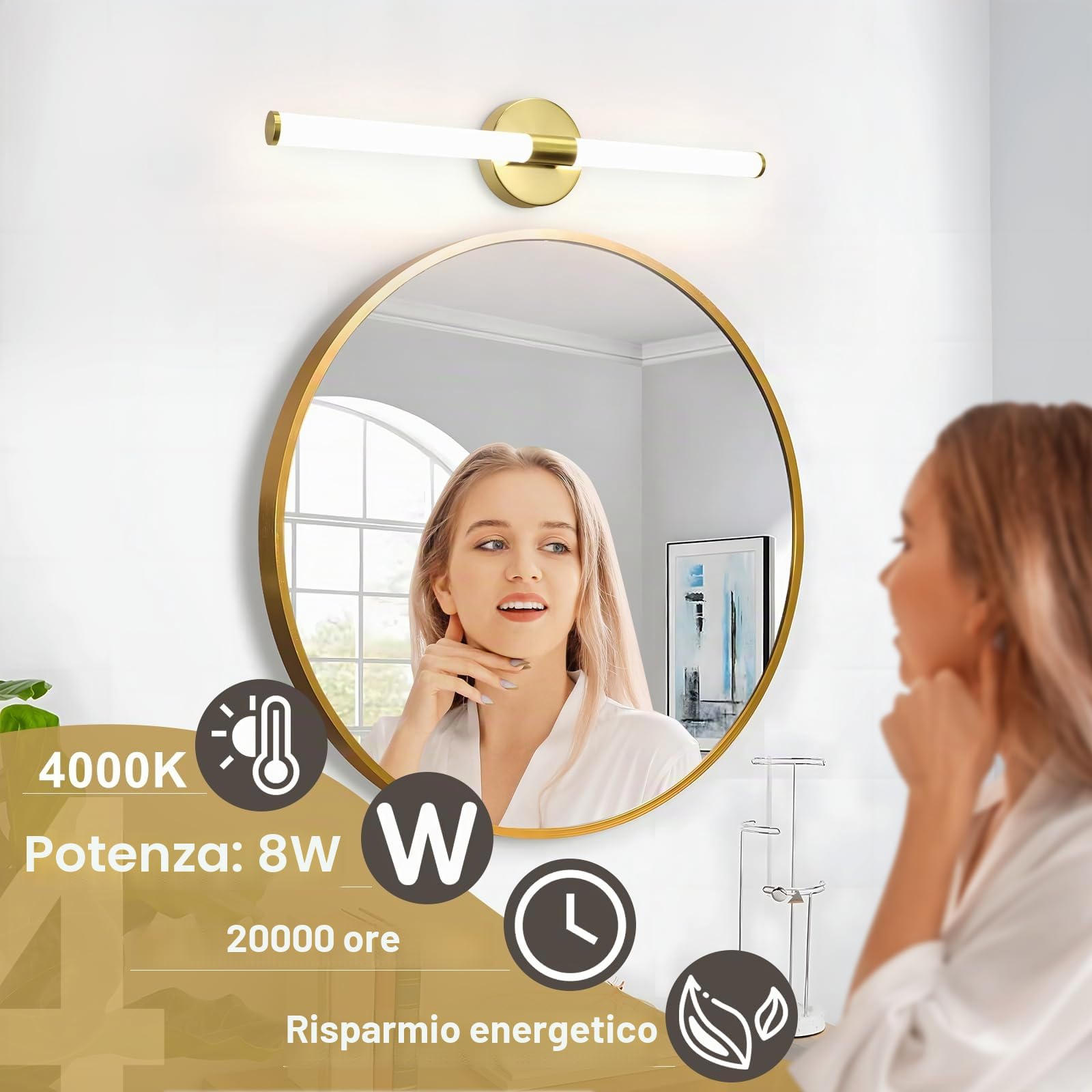 Homefire Lampada da specchio a LED Luce per specchio da bagno da 60CM | Applique da bagno dorata da 8W impermeabile IP44 bianco neutro 4000K per del corridoio