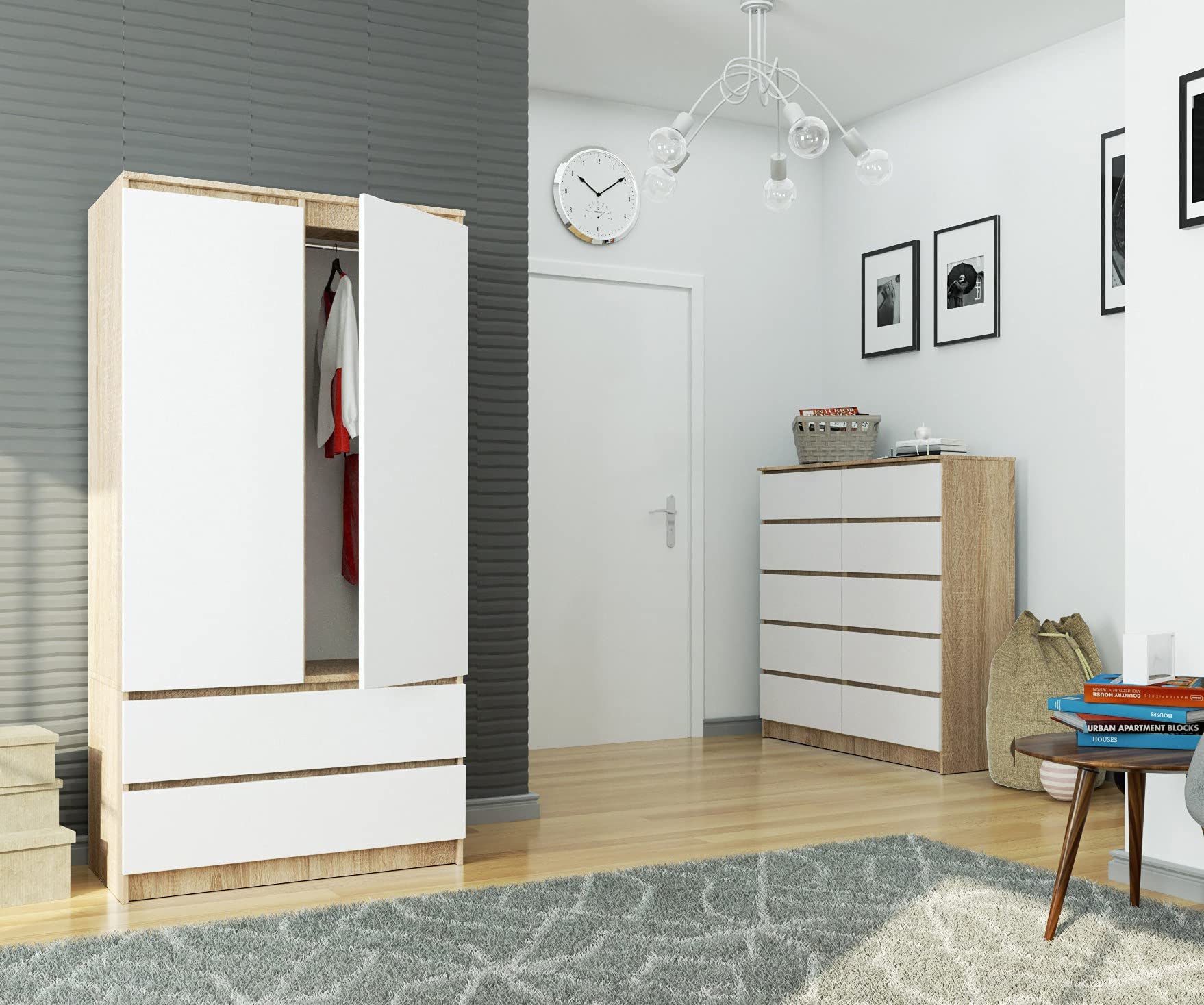 AKORD | Armadio STAR S | 90 cm Due Ante | 2 Cassetti con ripiani e Asta Appendiabiti | Mobiletto Cameretta Camera da Letto | Guardaroba | Pannello in laminato 16 mm | Sonoma & Bianco