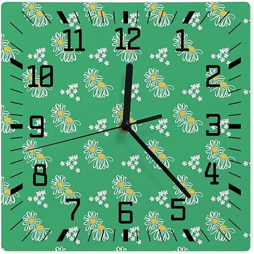 Floral Daisy Wooden Wall Clock Silent Non Ticking, White Flowers Spring Green Aesthetic Square Wall Clock Battery Operated, Decor Clock for Home