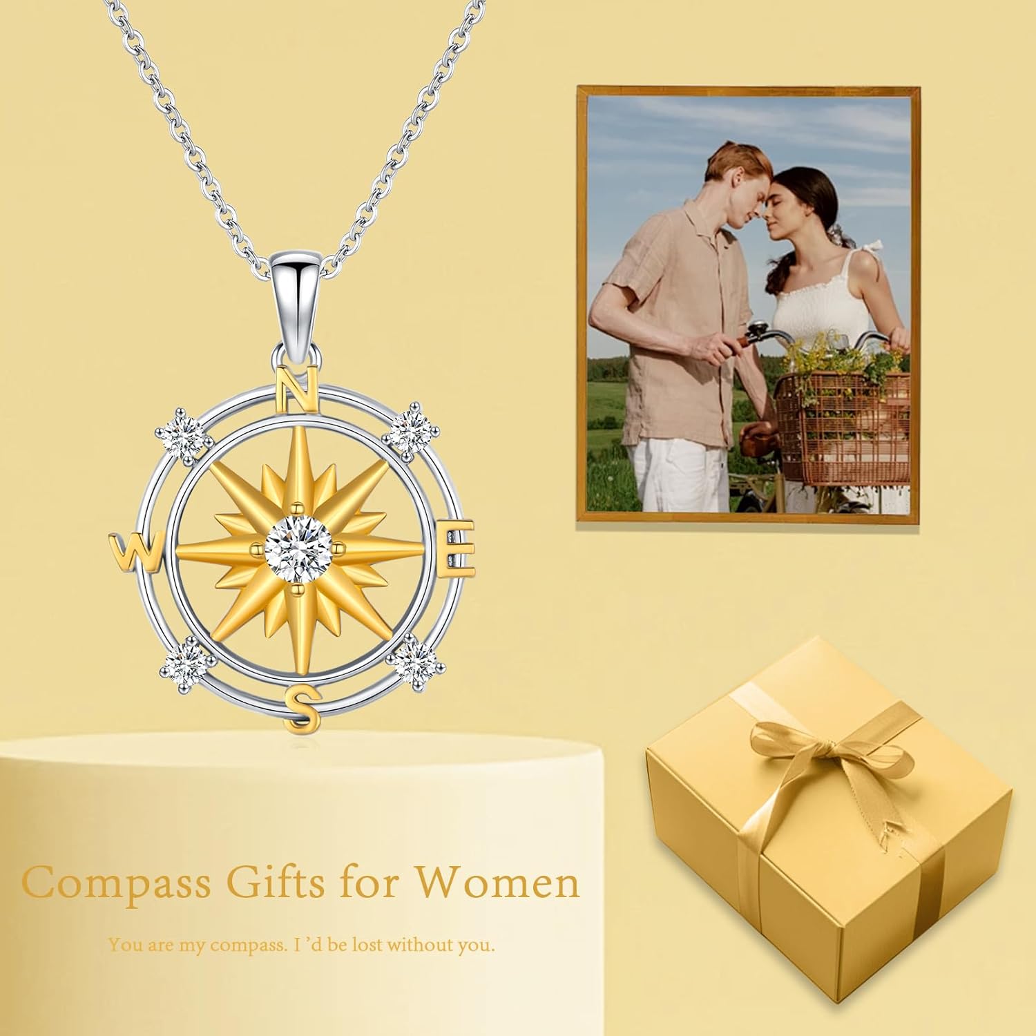Women Compass Necklace 925 Sterling Silver Two-Tone Compass Pendant Cubic Zirconia Nautical Necklaces Birthday Gift for Her - Image 3