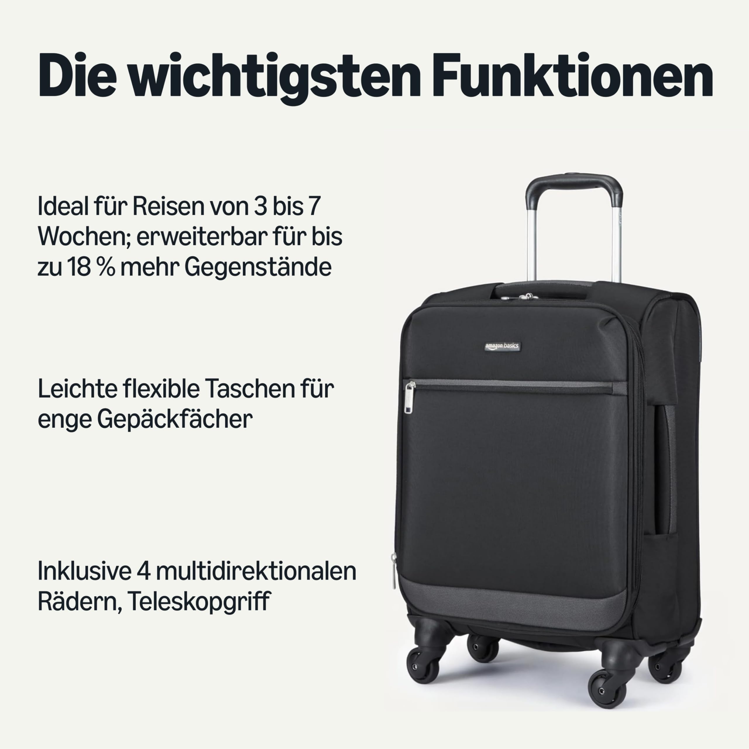 Amazon Basics Weicher Handgepäck-Trolley (53 cm), Koffer mit 4 um 360° drehbaren Rollen, Erweiterbar, Reißverschlusstasche und Gurte, Teleskopgriff, Schwarz