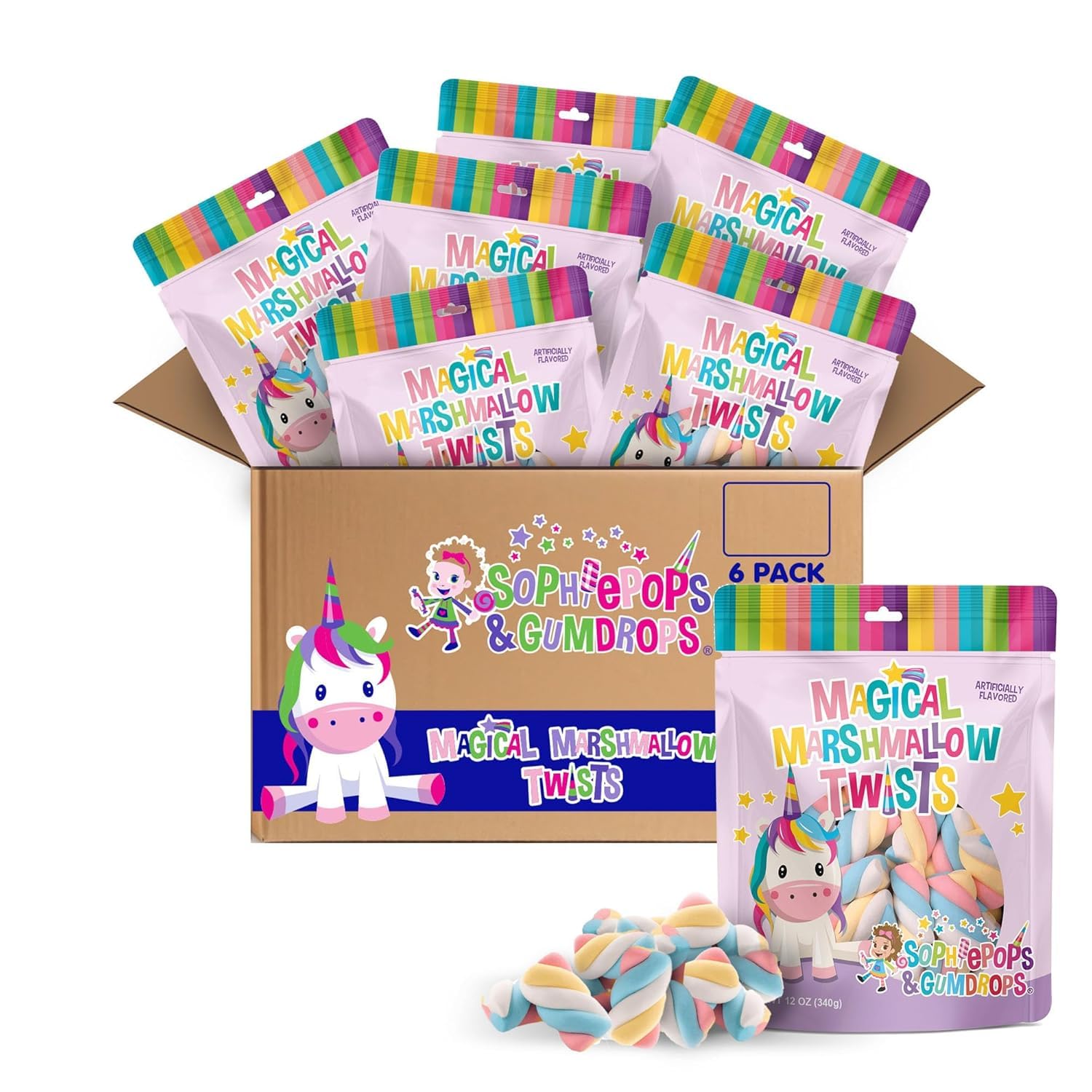 Sophiepops & Gumdrops Magical Marshmallow Twists, Unicorn Candy, Rainbow Marshmallows for Easter or Any Party, Non-Fat, Nut and Gluten Free, 12 Oz, 6 Pack