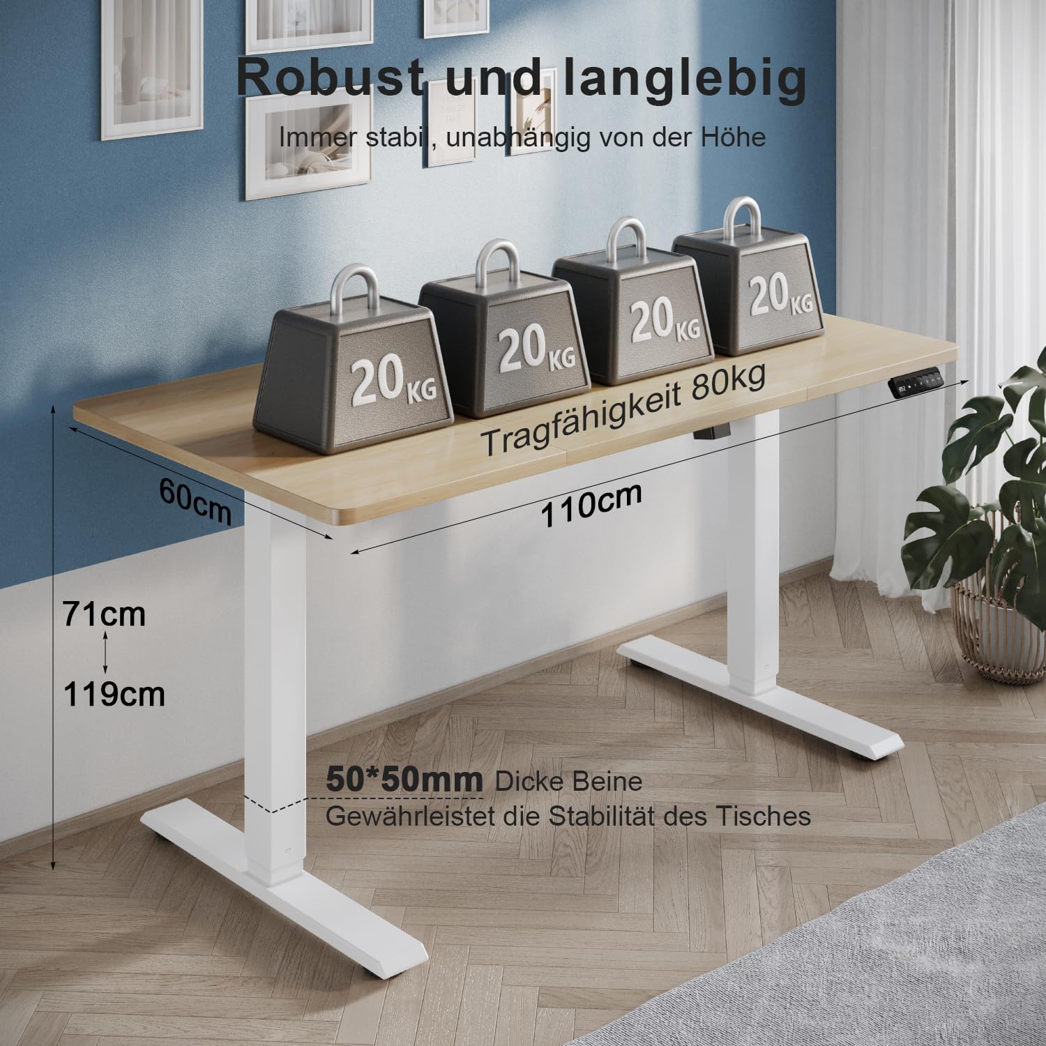 TRIUMPHKEY desk with four 20kg weights on its surface, demonstrating its 80kg load capacity and stable steel frame.