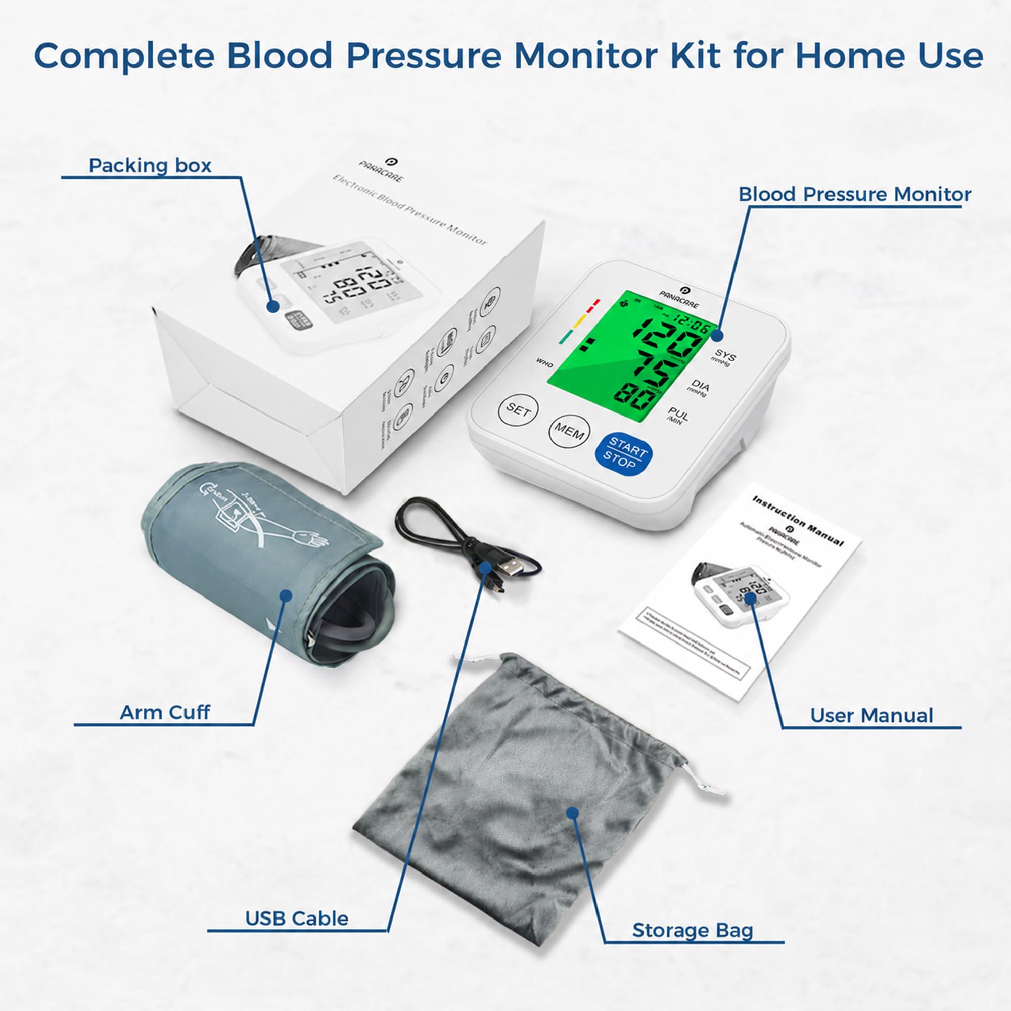 Monitor de presión arterial de brazo eléctrico, dispositivo automático de presión arterial para el hogar, color blanco