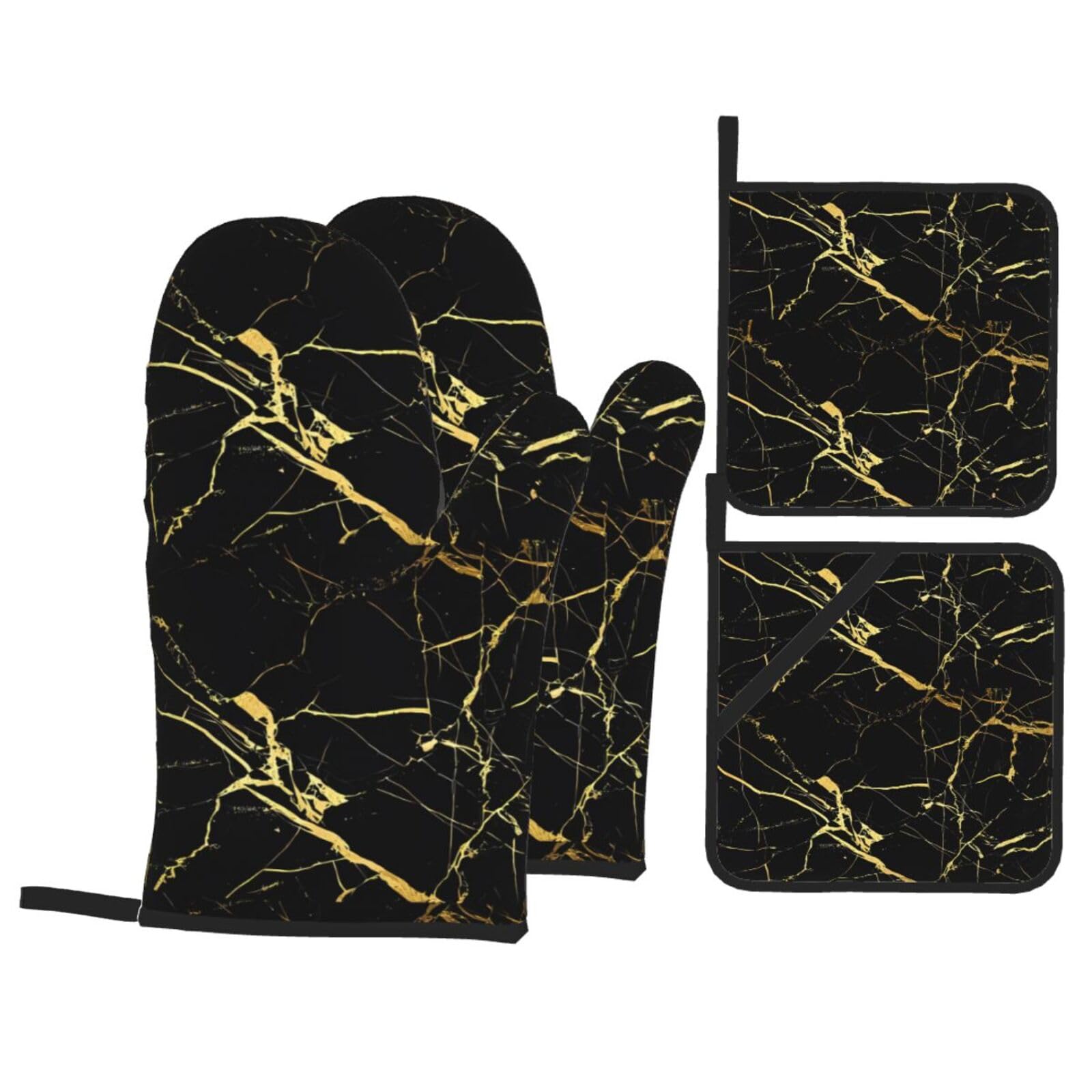 WHJSHOP Black Gold Marble Prints Kitchen Layers: Waterproof Oven Covers for Safe Handling & Easy Cleanup – 4 Piece Heat Protection Bundle