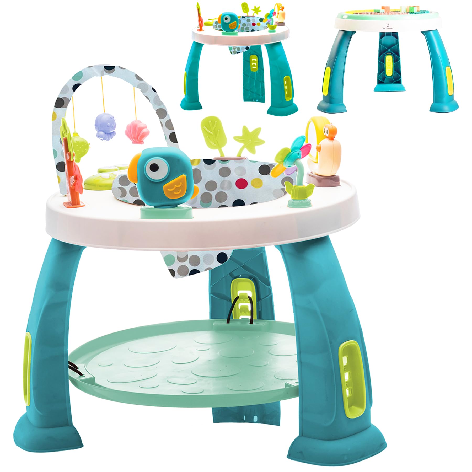 Olmitos - Centro de Actividades 2 en 1 para bebé con Saltador CROK - Mesa de Juegos y Juguetes Desmontables | Asiento Giratorio 360º y Plataforma Ajustable (Dots)