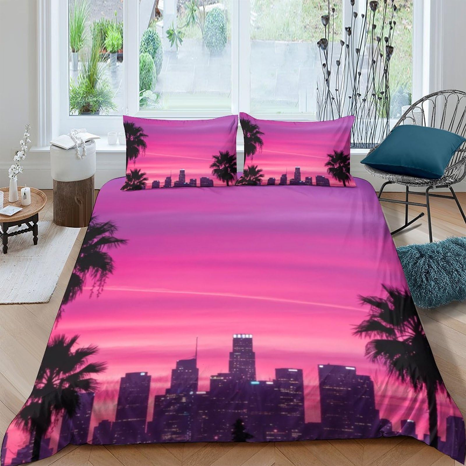 Ctjqhvkz Style-9 3D Printed Sunset Cityscape Fitted Sheet Microfiber Palm Silhouette Mattress Cover For Bedroom Decor Dorm Use Single（135X200cm）