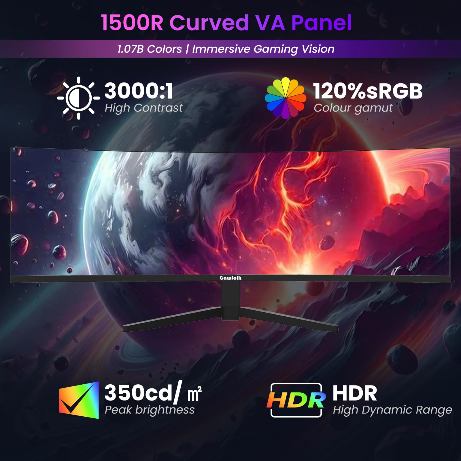 Gawfolk Monitor Gaming Curvo 49 Pulgadas Ultra Ancho DQHD 5120x1440, Tasa de Refresco 120Hz, Curvatura 1500R Formato 32:9, Modos Pip/PBP, Compatible AMD FreeSync, 120% sRGB, Puertos HDMI 2.1 y DP 1.4
