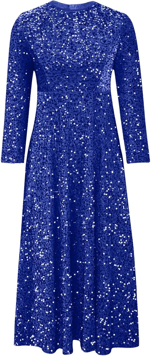 Women Sparkly Sequin Midi Dress,Long Sleeve High Waist Party Dresses