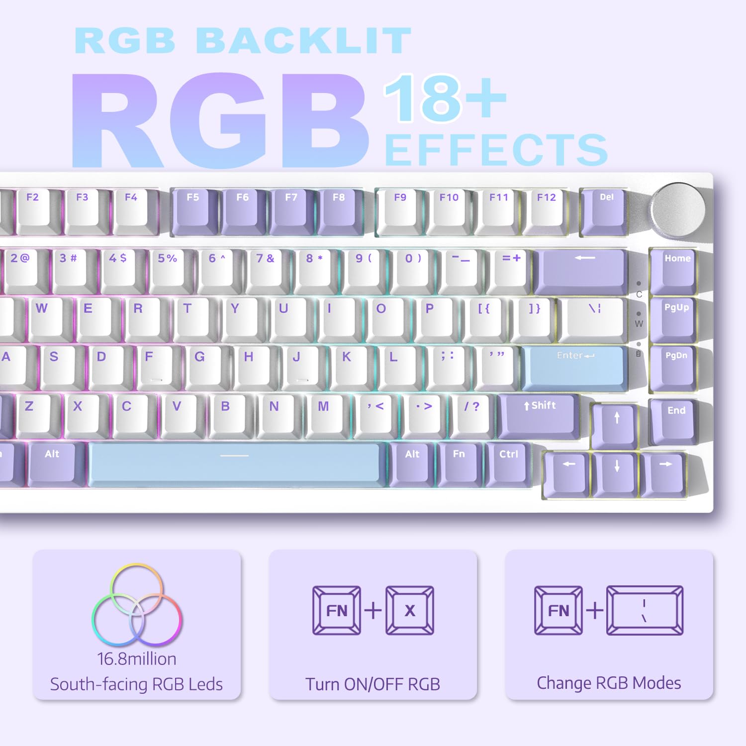 A.JAZZ AK820 Tastiera da gioco meccanica cablata 75%, supporto guarnizione hot-swap, retroilluminazione RGB, 82 tasti con manopola volume CNC, schiuma Poron, copritasti PBT per PC/WIN/MAC-Viola