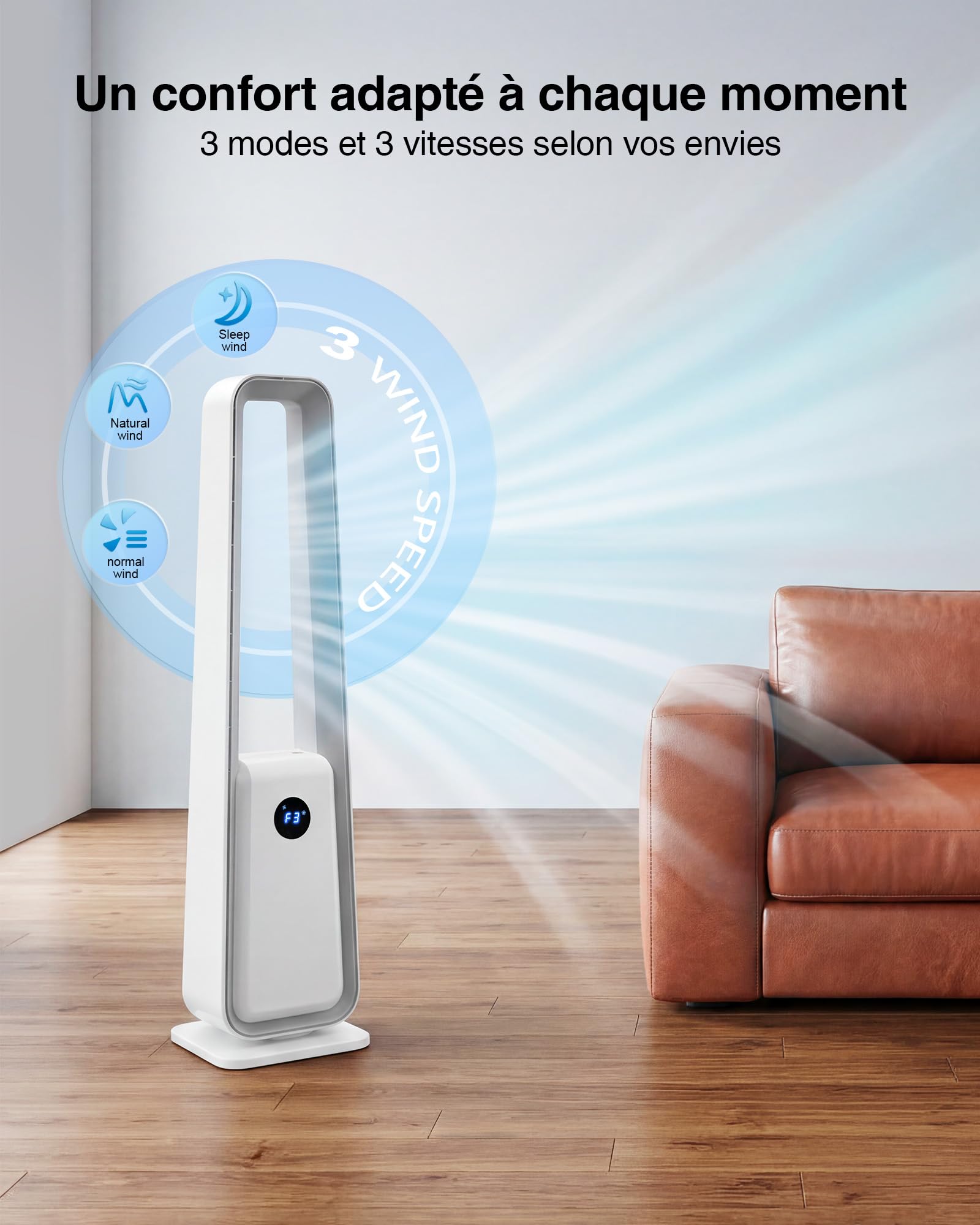 Ventilateur Colonne Sans Pales: Ventilateur Tour Silencieux avec Télécommande - Oscillation 75° Minuterie 12H Écran LED 3 Modes Ventilateur Sans Lame pour Chambre/Bureau/Salon/Enfants/Coucher
