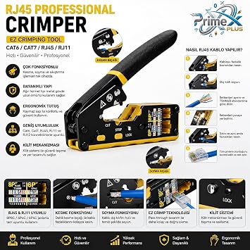 PrimeX PX-8070Y Yeni Nesil EZ RJ45 Pense, Cat6 Cat7 RJ45/RJ11 Network Kablo Sıkma Pensesi, Bıçaklı Profesyonel Ethernet Pense, Modüler Jack Crimp Aracı