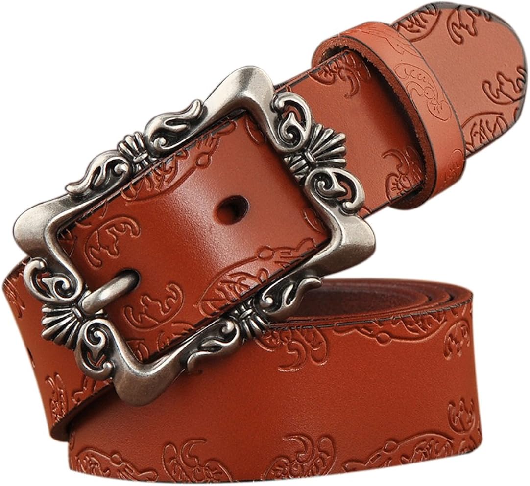 TUNGHO Genuine Leather Belts For Women Cowhide Embossing Design Carving Buckle Plus Size XXL