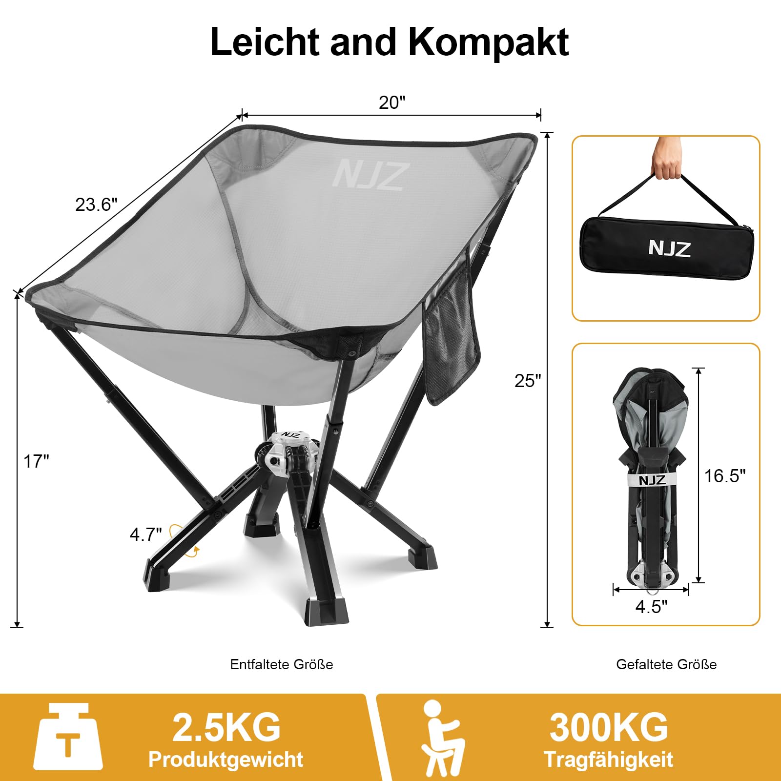 Campingstuhl 200LBS Campingstuhl Faltbar Stark Robust Leichtgewicht Klappstuhl Camping Leicht Im Freien Schnelle Einrichtung With Tragetasche Faltstuhl Camping für Garten Picknick Silber (Grau, A)