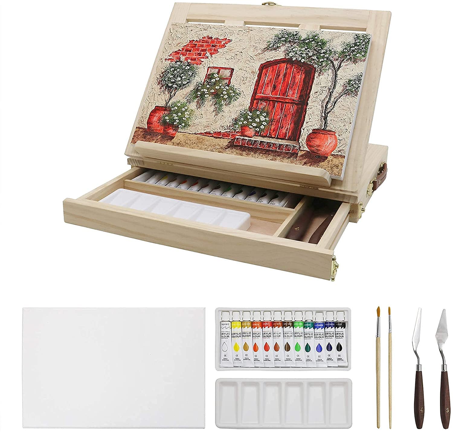 Tabela Sztaluga Zestaw Art Materiały do ​​rysowania i szkicowania, Przenośne Desktop Drewniane Sketchbox Malowanie Schowek, Regulowany Artysta Top Deska z płótnem, farba akrylowa, dla dorosłych dzieci