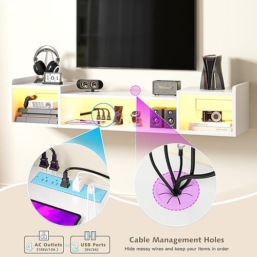 Miniatura 4 de Soporte de TV flotante de 55 pulgadas de ancho con luces LED y tomas de corriente, centro de entretenimiento montado en la pared para estante de TV