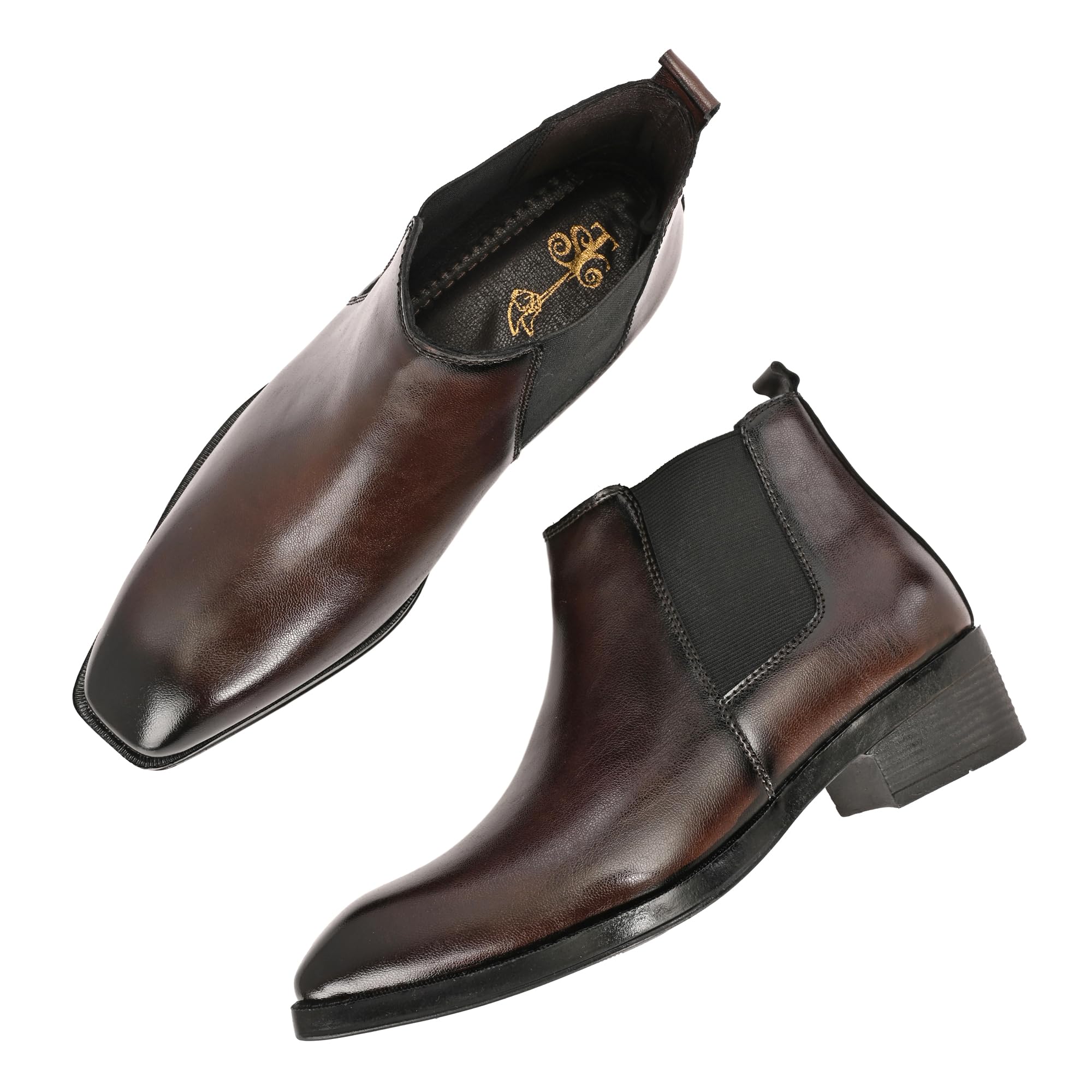 Men's Genuine Leather Chelsea Ankle Boot, Brown, Pointed Toe, Block Heel, Formal Wear-image-34