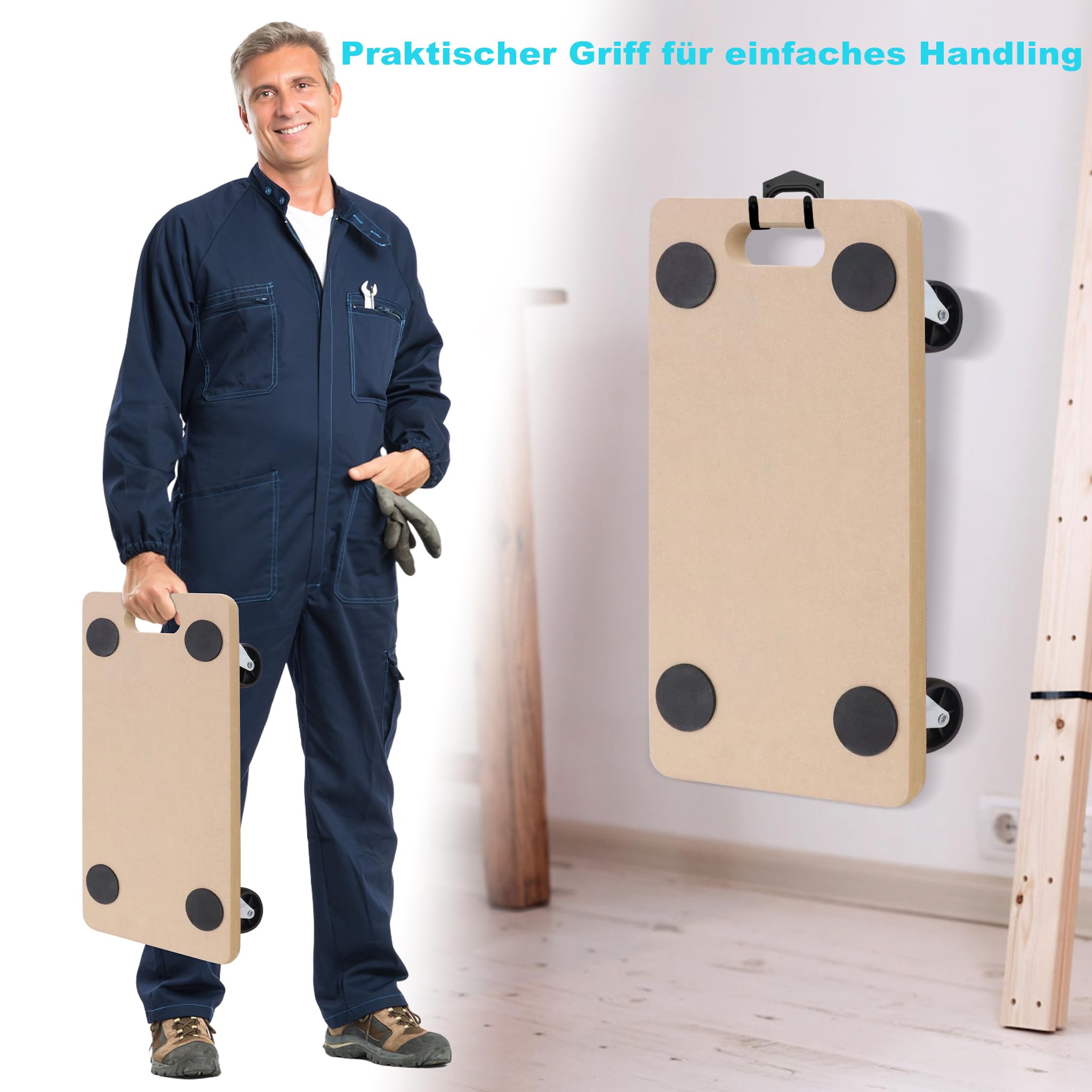 4 Stück Transportroller Rollbrett MDF Möbelroller Transporthilfe Möbel Roller, mit Integrierten Handgriff und Gummipads, bis zu 200 kg Tragkraft