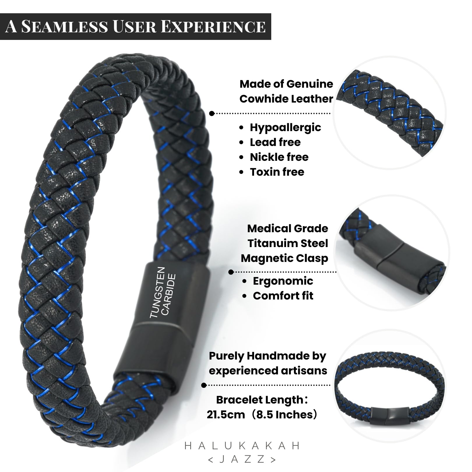 HALUKAKAH ● Veille de Nuit ● Le Bracelet de l’Homme en Cuir Véritable Noire Cordon Rouge/Bleu Fermoir Magnétique Titane 21.5cm avec Le Boîte-Cadeau Gratuit