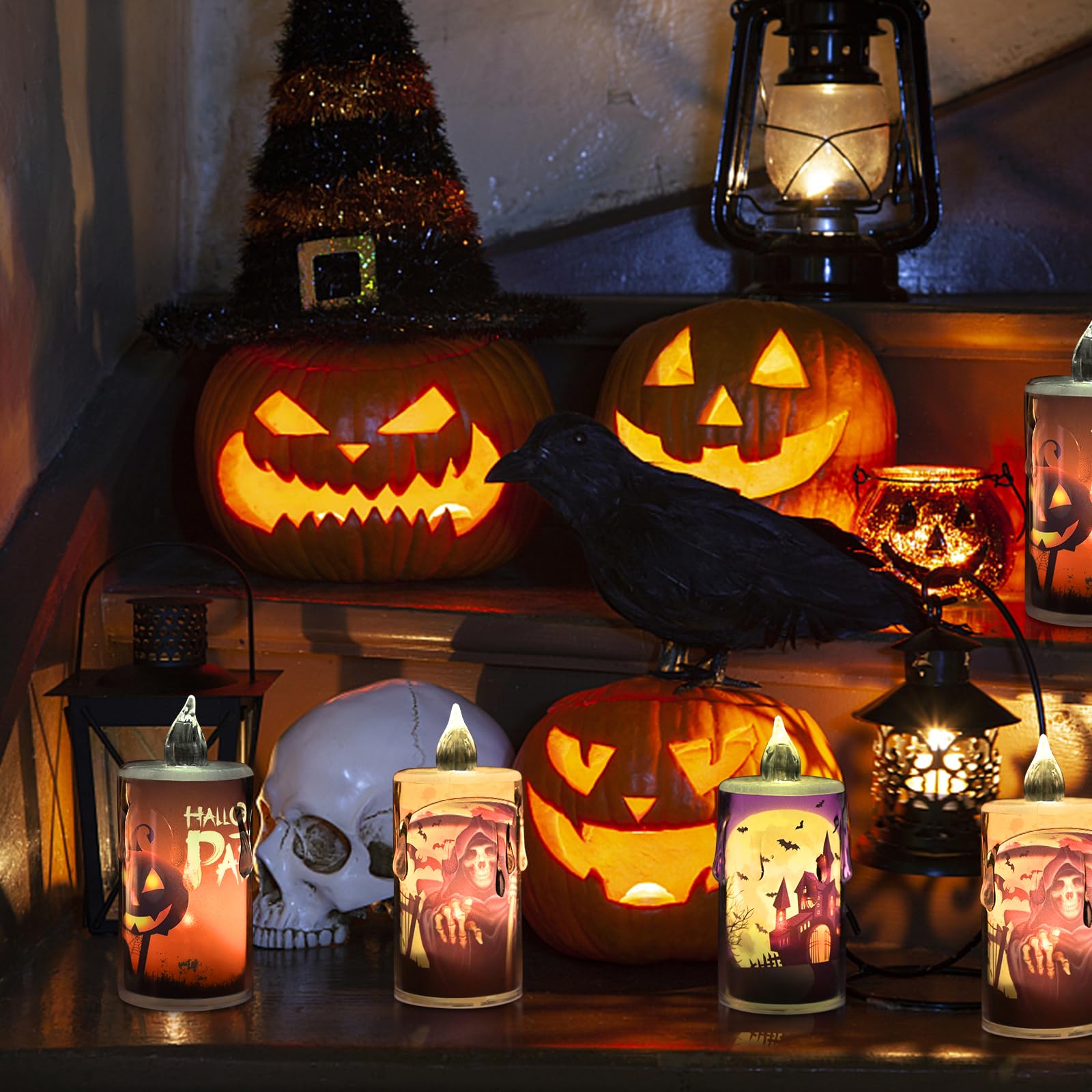 6 candele a LED senza fiamma, per Halloween, decorazione interna a LED, con fantasma, zucca, pipistrello, 2 x 27,5 cm, decorazione da tavolo Helloween, candele a LED tremolanti, per feste, decorazione