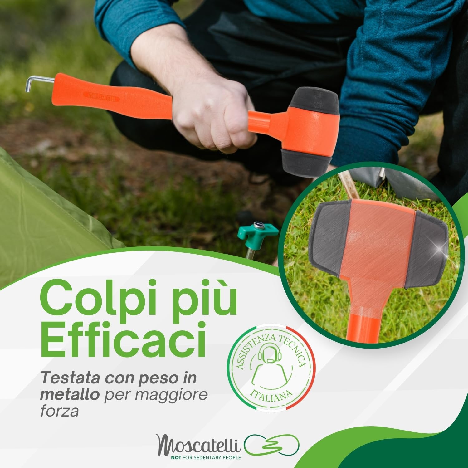 Moscatelli Martello Campeggio Polivalente, Robusto ed Ergonomico con Gancio per Estrarre Picchetti – Leggero, Compatto e Resistente, Ideale per Terreni Morbidi, Umidi e Misti - Arancio
