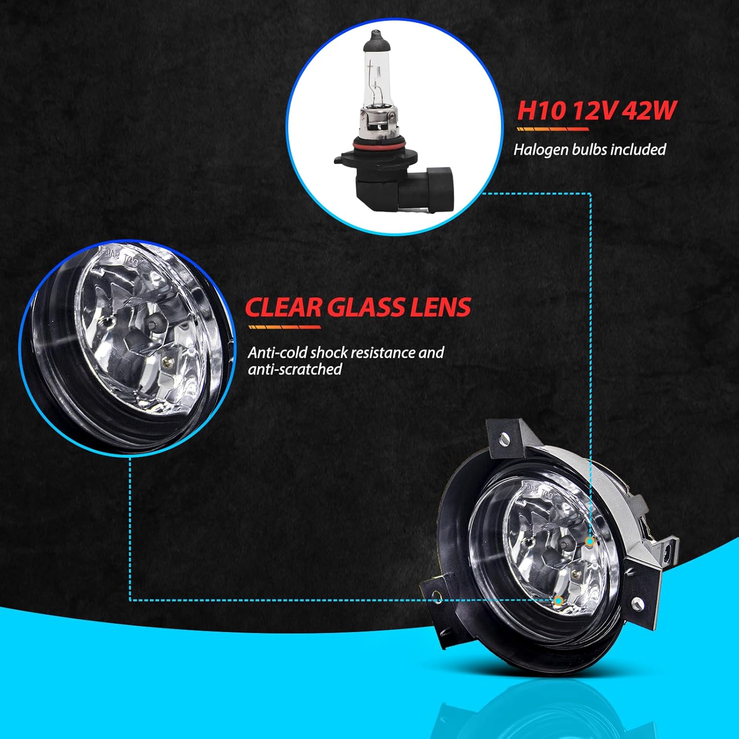 Fog Lights Assembly for 2001 2002 2003 Ford Ranger Replacement Kit with Switch and Wiring H10 12V 42W Halogen Bulbs ​Clear Lens